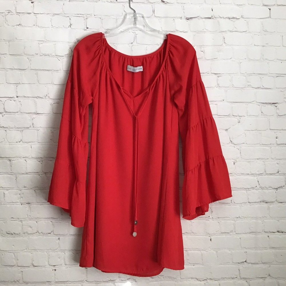 Love Lucy Red Shift Dress Tiered Bell Sleeves Back Tie XS